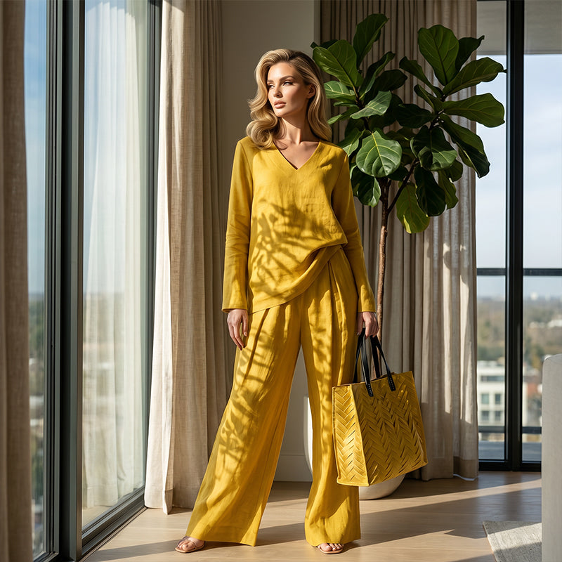 Sovalyne - Ensemble femme décontracté à col en V et pantalon large fluide