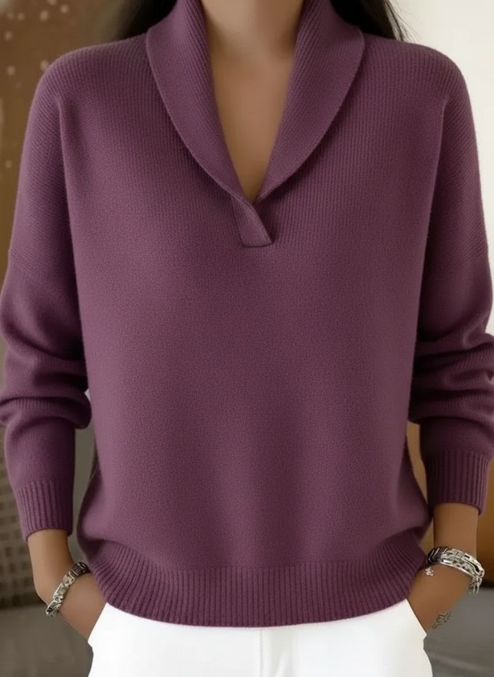 Germaine - Pull femme à col V avec col châle drapé