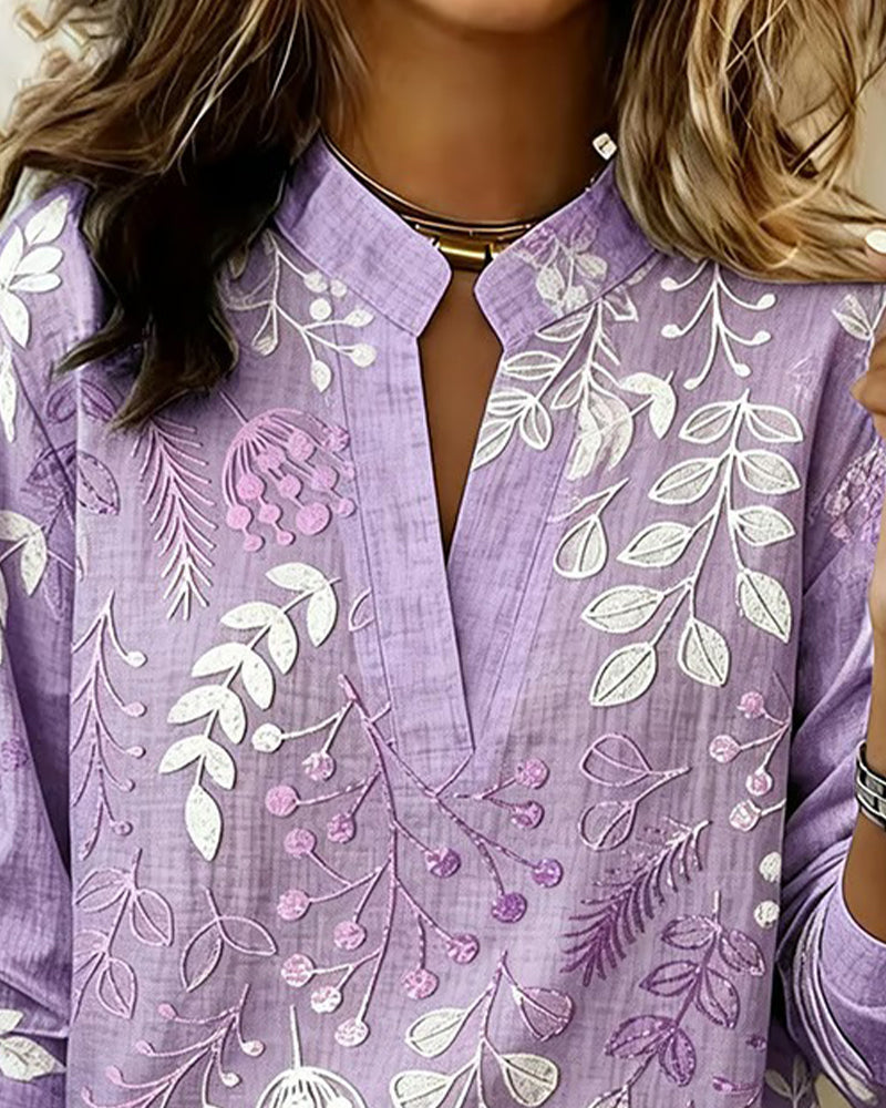 Drynora - Blouse femme imprimée florale col ouvert manches longues style élégant