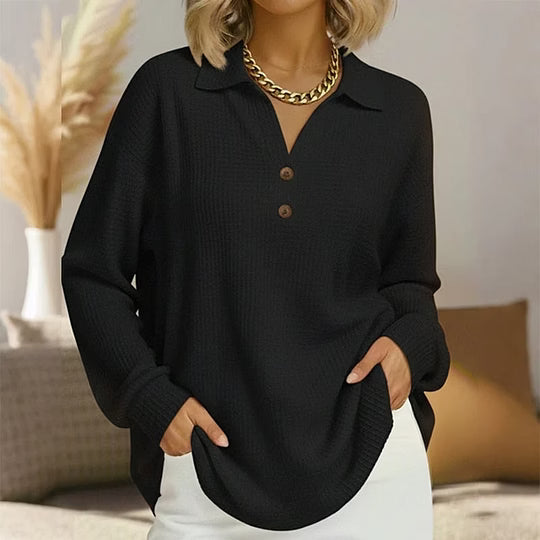 Jorina - Blouse Femme à Col V Boutonné et Manches Longues en Maille Gaufrée