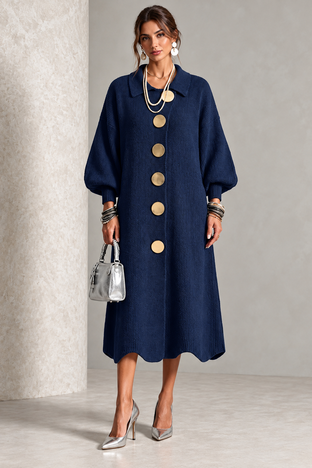 Bregt - Robe midi femme en maille avec boutons dorés