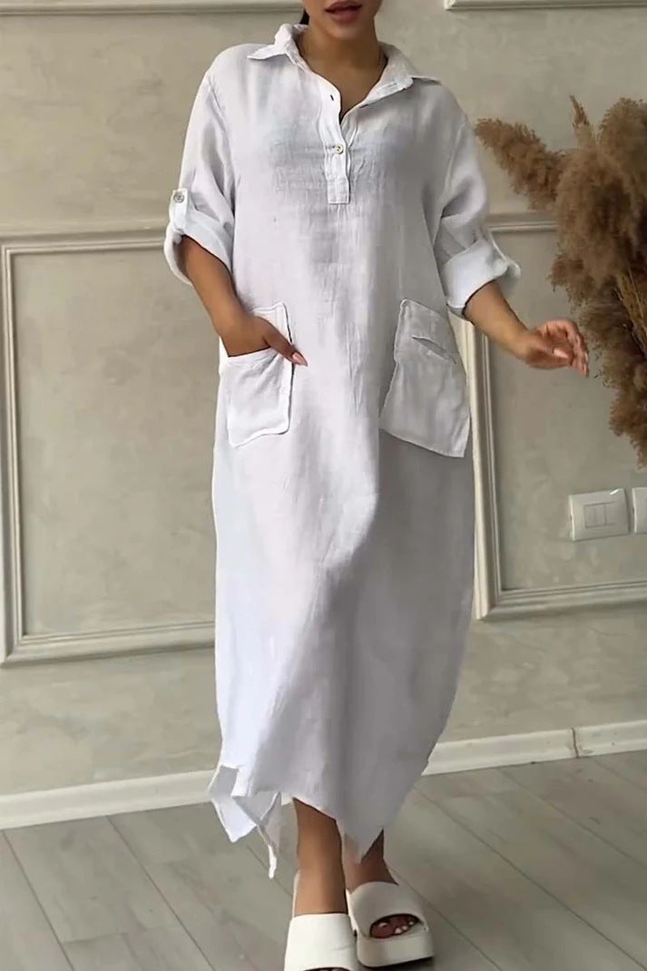 Leontine - Robe maxi femme en lin et coton avec revers