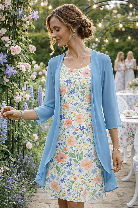 Ilynessa - Ensemble femme robe en chiffon avec cardigan léger