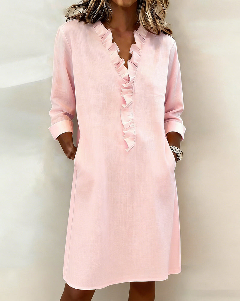 Ophivyn - Robe femme col V à volants coupe droite style décontracté