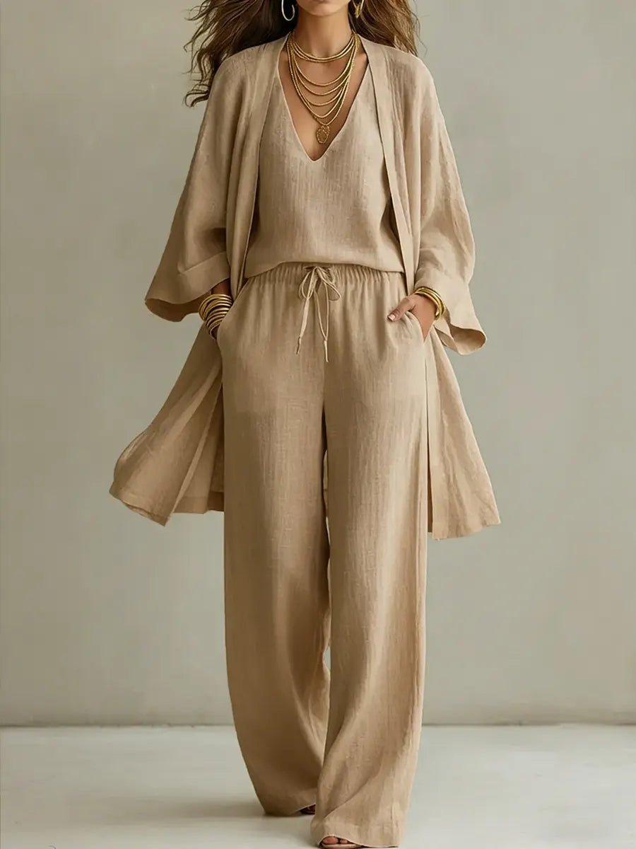 Solene - Ensemble Femme Coton Lin Minimaliste Haut Et Pantalon Élégant