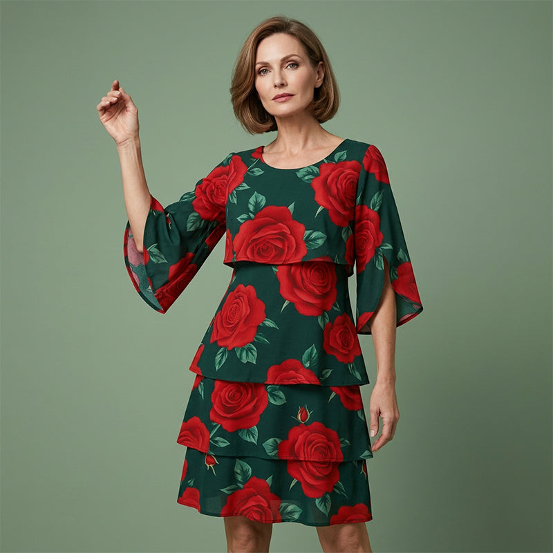 Qyvelle - Robe Femme Imprimé Floral Coupe Ample Manches Fluides Style Élégant