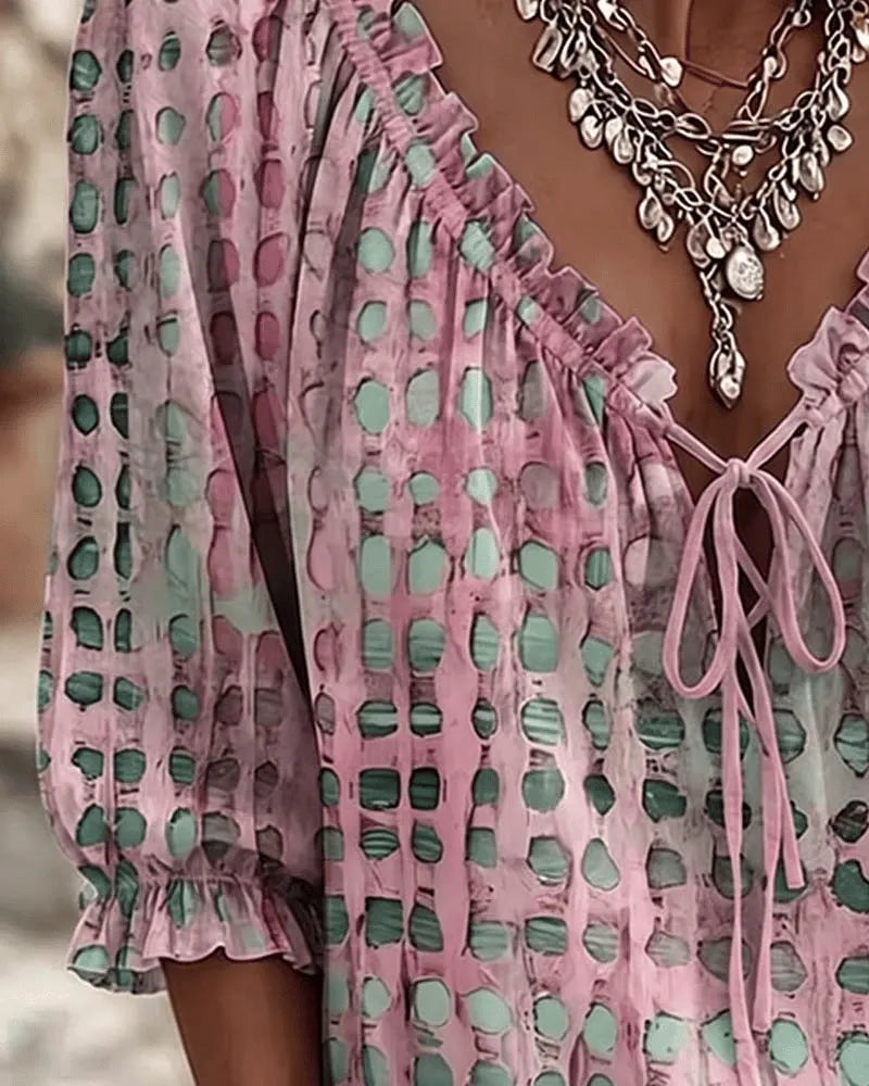 Mireva - Blouse femme à pois avec col V et lien ajustable