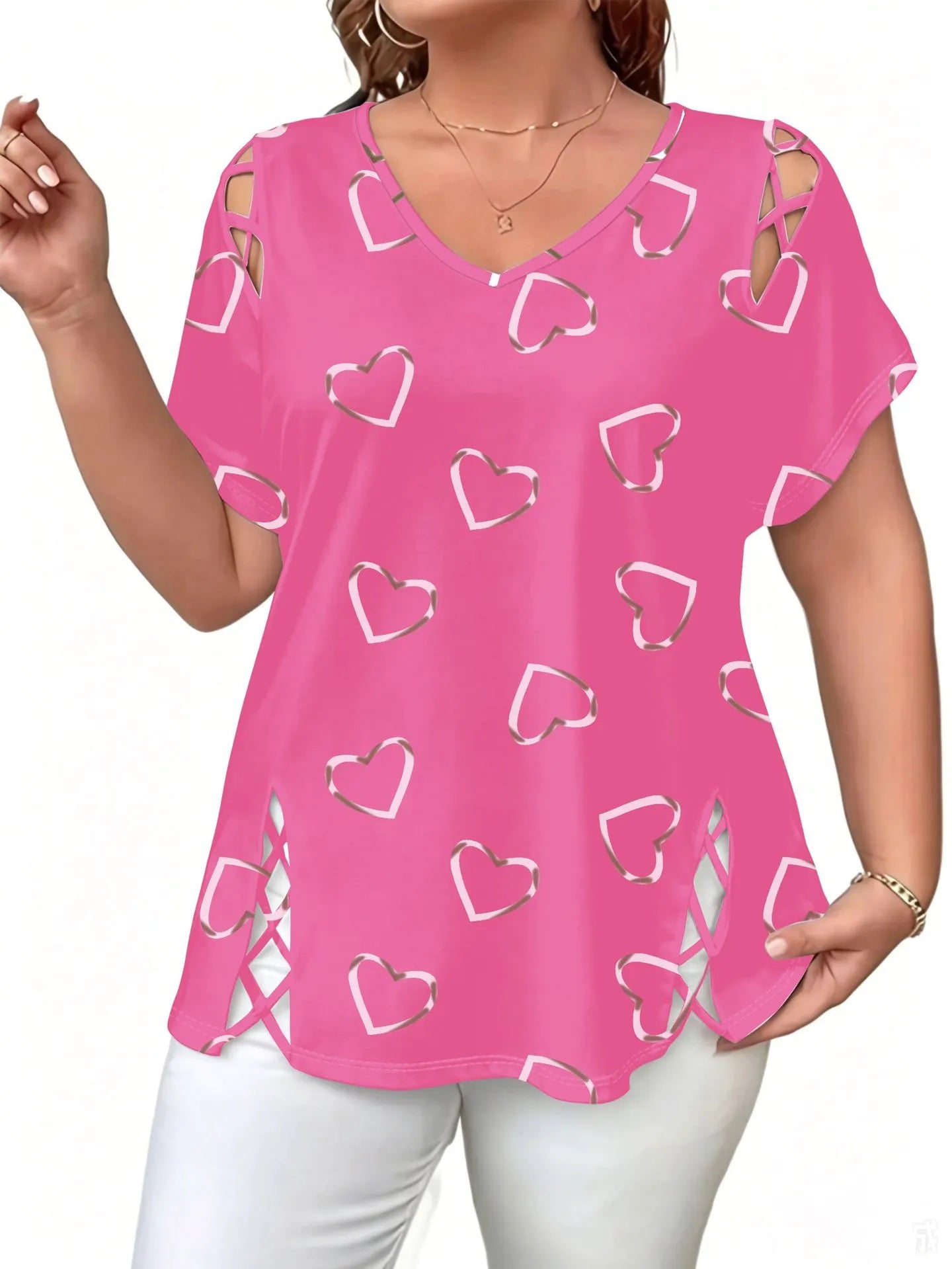 Elowra - Blouse femme col V avec imprimé cœurs