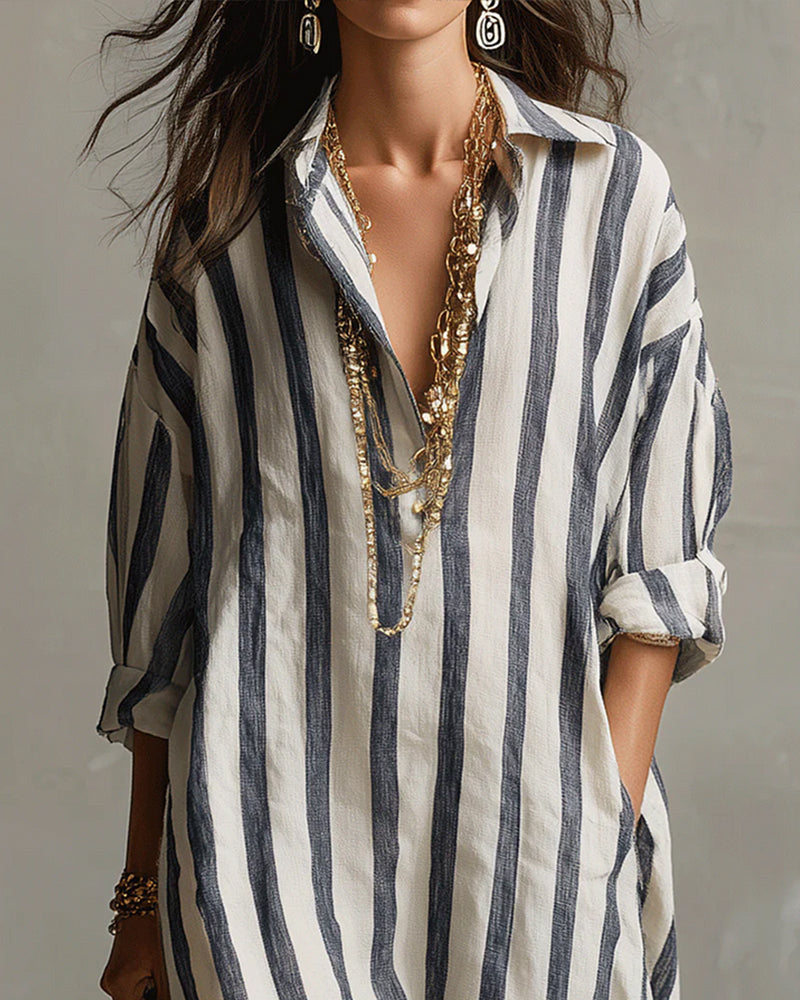 Avenira - Robe Maxi Rayée À Col Revers Décontracté Chic