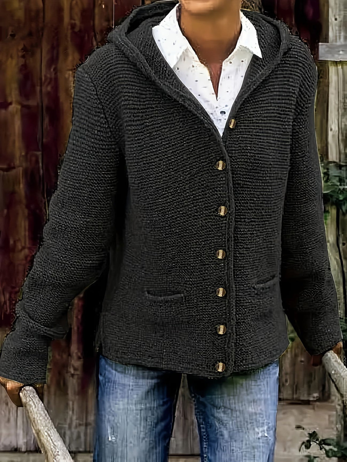 Maëline - Women's chunky knit hooded cardigan with buttons