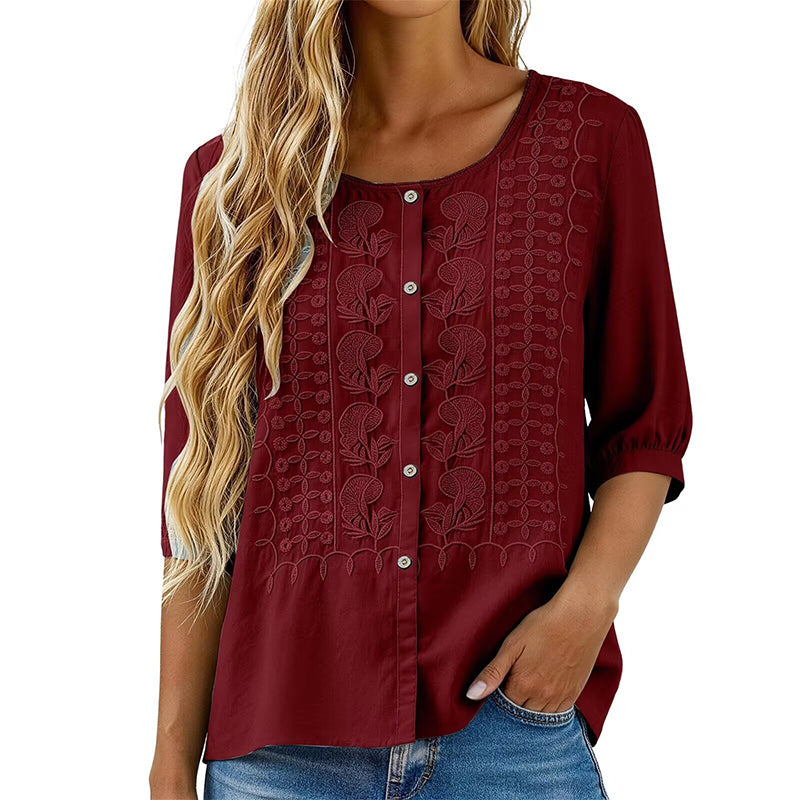 Sorivelle - Blouse brodée femme en coton et lin à manches 3/4