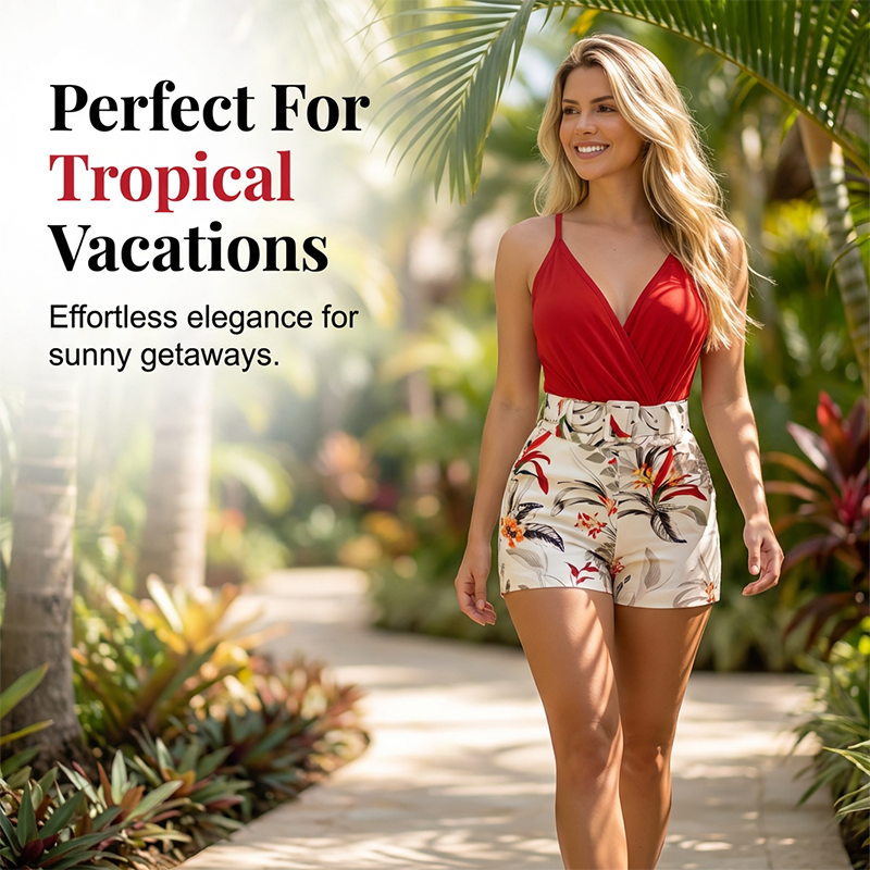 Talyndra - Ensemble Tropical Élégant avec Short Taille Haute et Col V