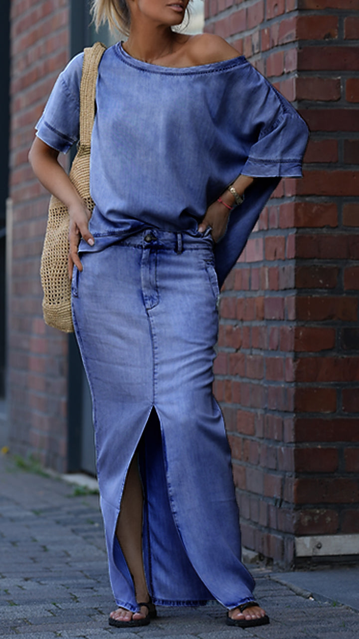 Mireya - Ensemble Décontracté Femme en Denim Tencel avec Décolleté Rond