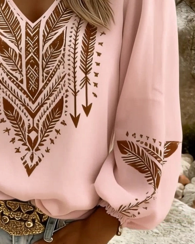 Ixavelle - Blouse femme bohème imprimée col V manches bouffantes
