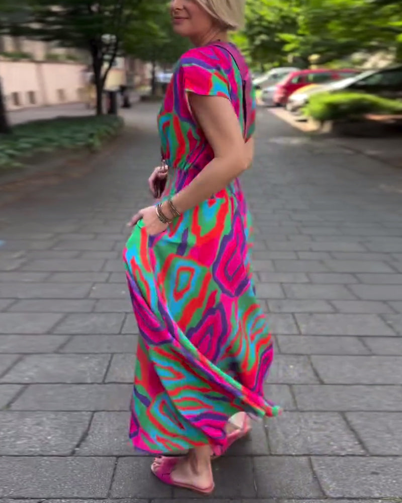 Roxana - Robe longue à imprimé coloré avec décolleté en V et manches raglan