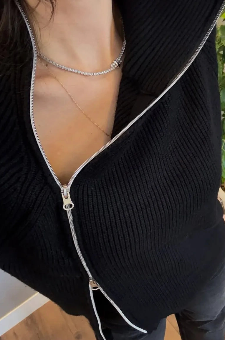Lucienne - Pull Tricot Asymétrique à Double Fermeture Éclair