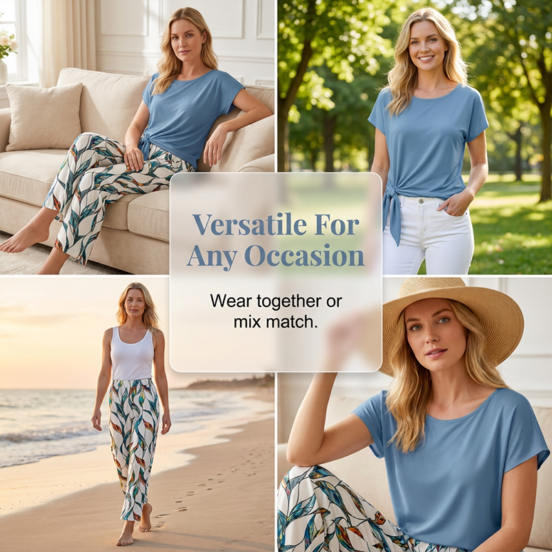 Bryselle - Ensemble femme deux pièces avec haut noué et pantalon imprimé fluide