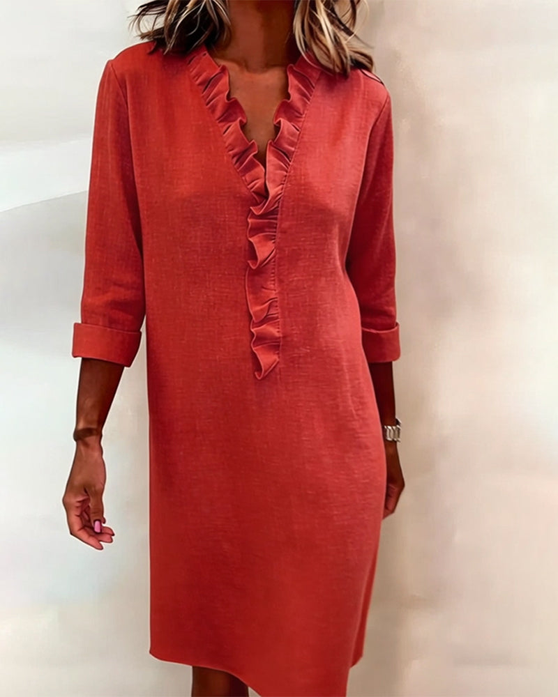 Ophivyn - Robe femme col V à volants coupe droite style décontracté