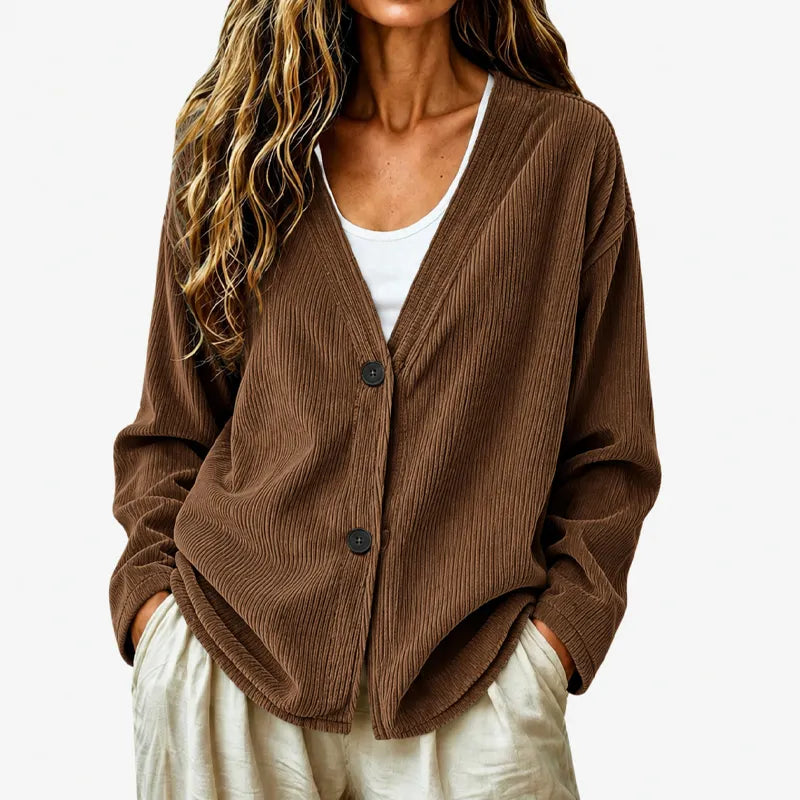 Priscilla - Cardigan femme côtelé à col V coupe ample