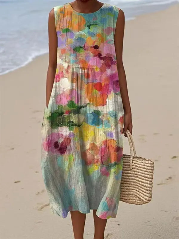 Havelynn - Robe femme sans manches à imprimé floral et col rond