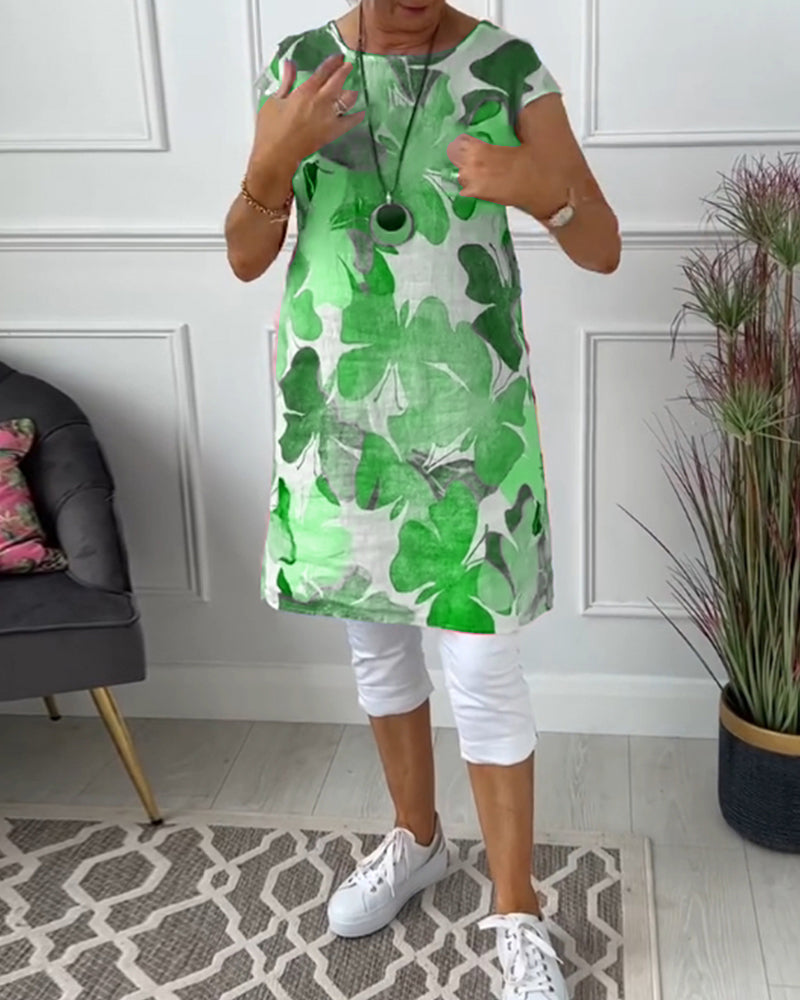 Anita - Robe femme imprimée verte fluide à manches courtes et coupe ample