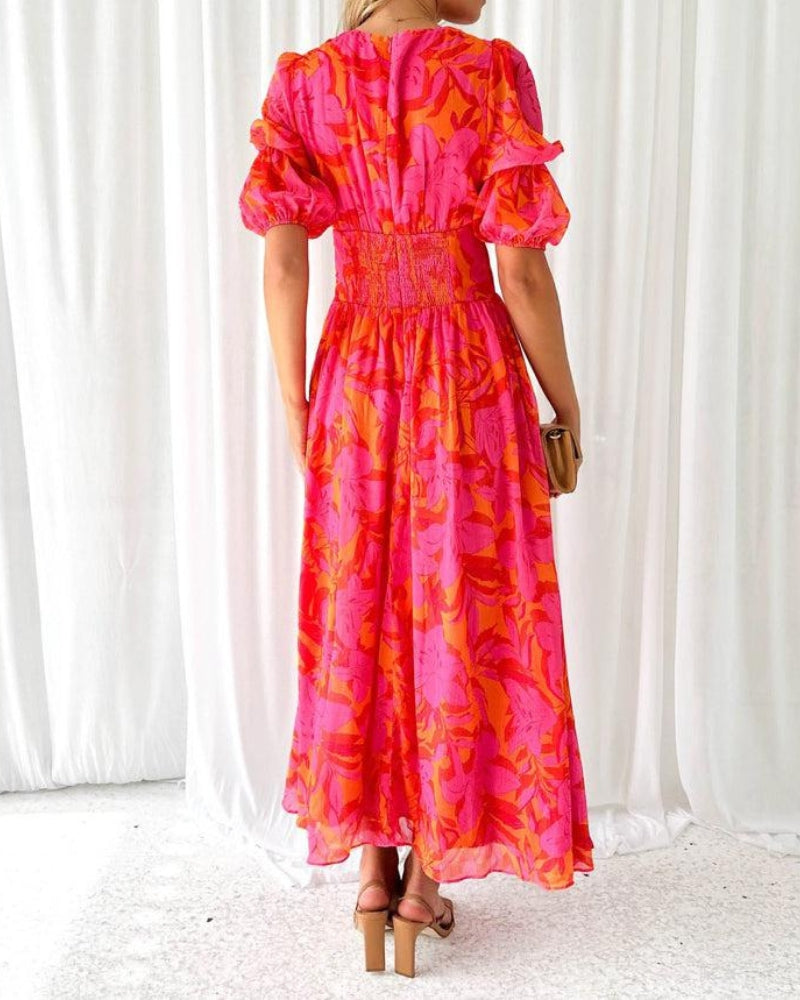 Izzora - Robe femme longue fluide imprimée col V manches courtes élégante