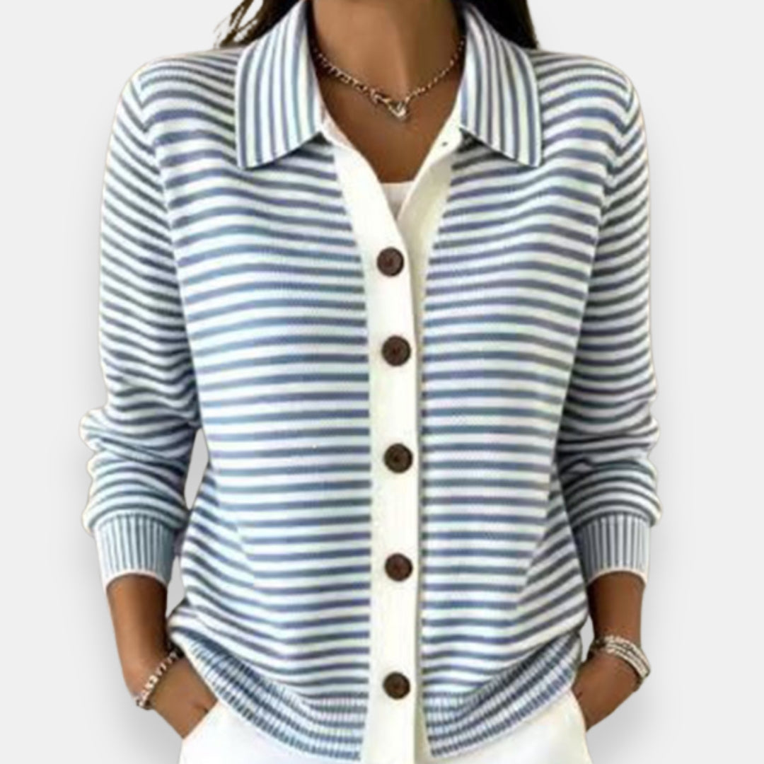 Lauriane - Cardigan femme rayé boutonné avec col classique