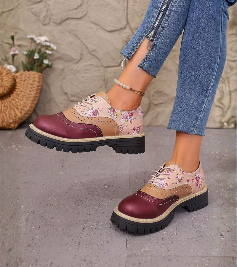 Maan - Chaussures Oxford Femme à Lacets avec Motif Floral et Semelle Épaisse