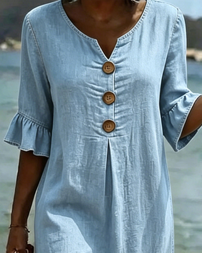 Fynorae - Robe femme jean manches volants coupe fluide été plage