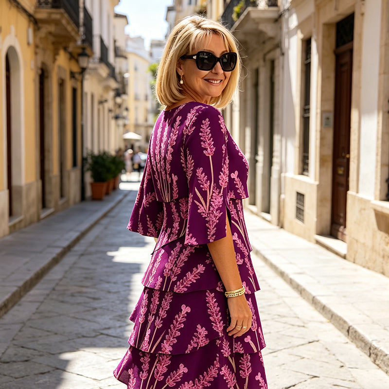 Elyvane - Robe femme mi-longue à volants imprimé floral manches fendues