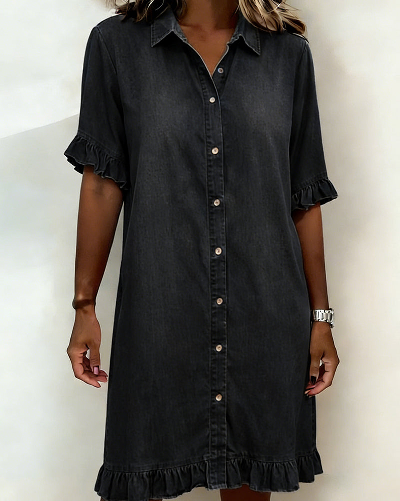 Glytha - Robe Femme Denim Boutonnée Manches Volants Coupe Droite Décontractée