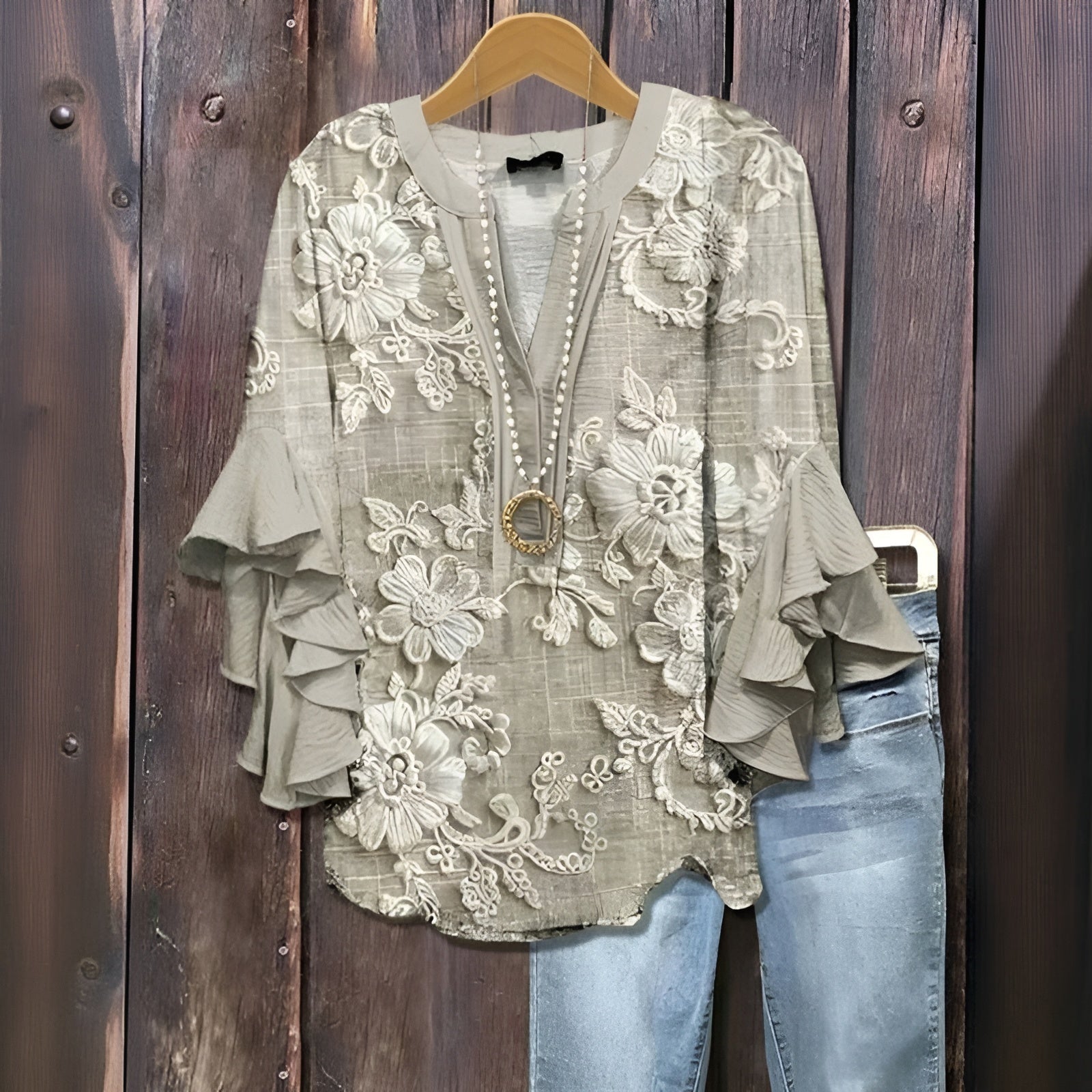 Elyara - Blouse décontractée avec motif de feuilles