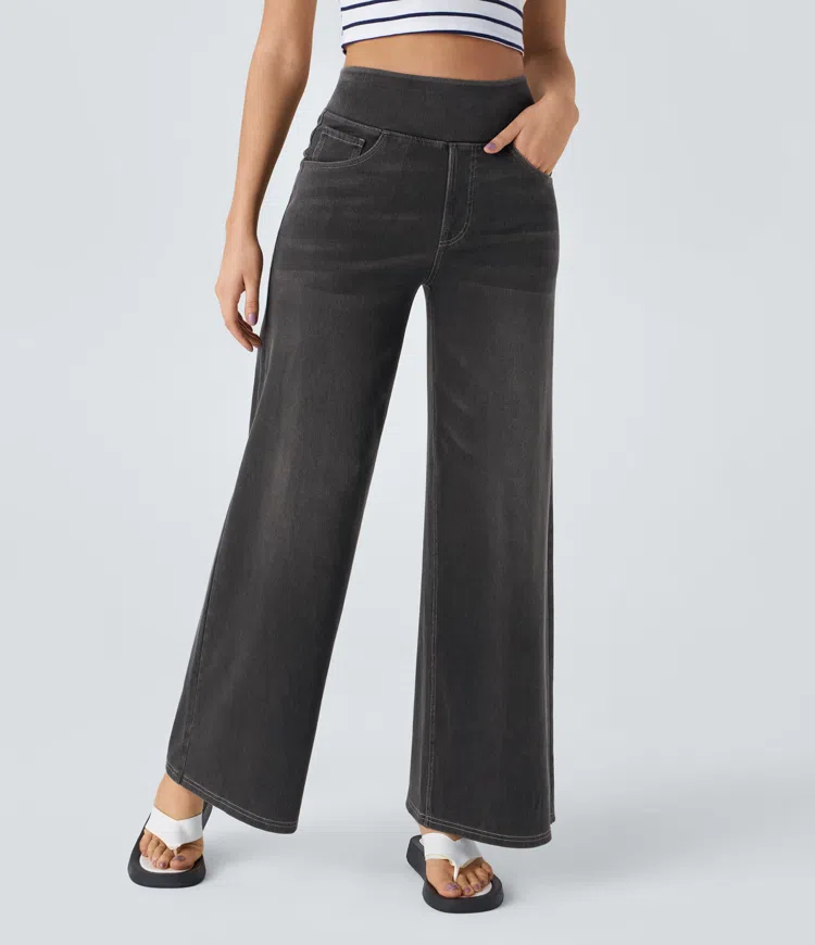 Ruvessa - Jean femme taille haute jambe large très extensible coupe moderne