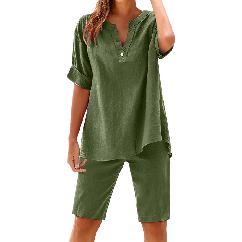Gisoria - Ensemble femme en lin respirant avec haut col en V et short assorti