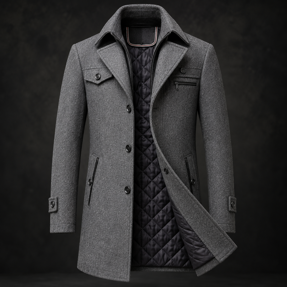Marcus - Men's wool coat with stand-up collar and quilted lining