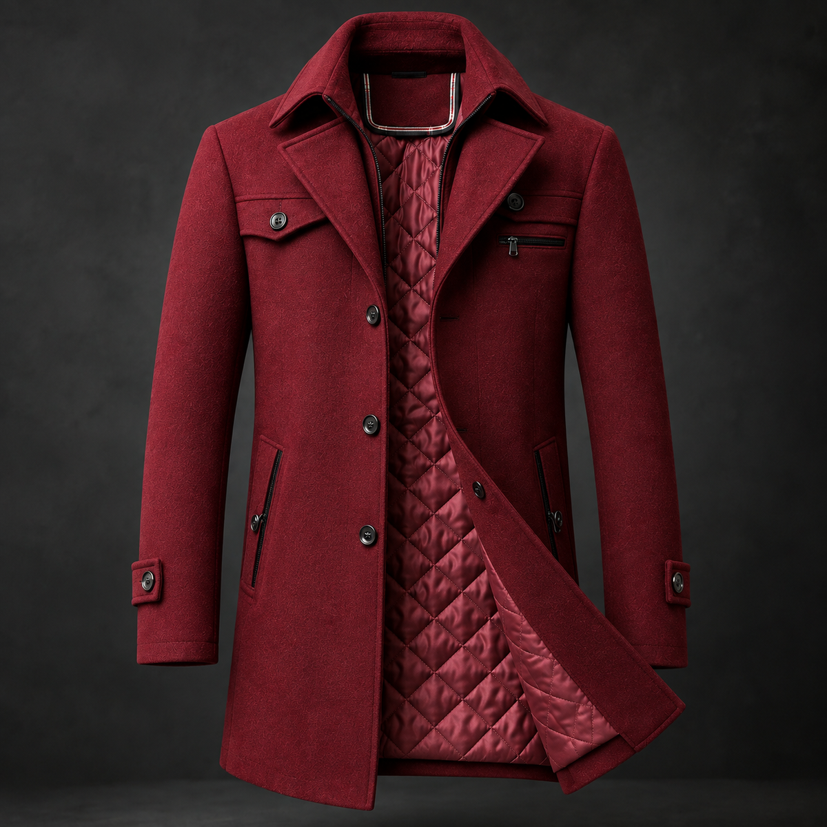 Marcus - Men's wool coat with stand-up collar and quilted lining