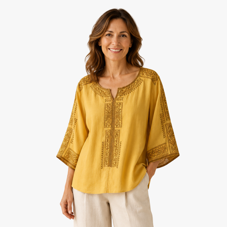 Prune - Blouse femme en lin brodé à manches trois-quarts