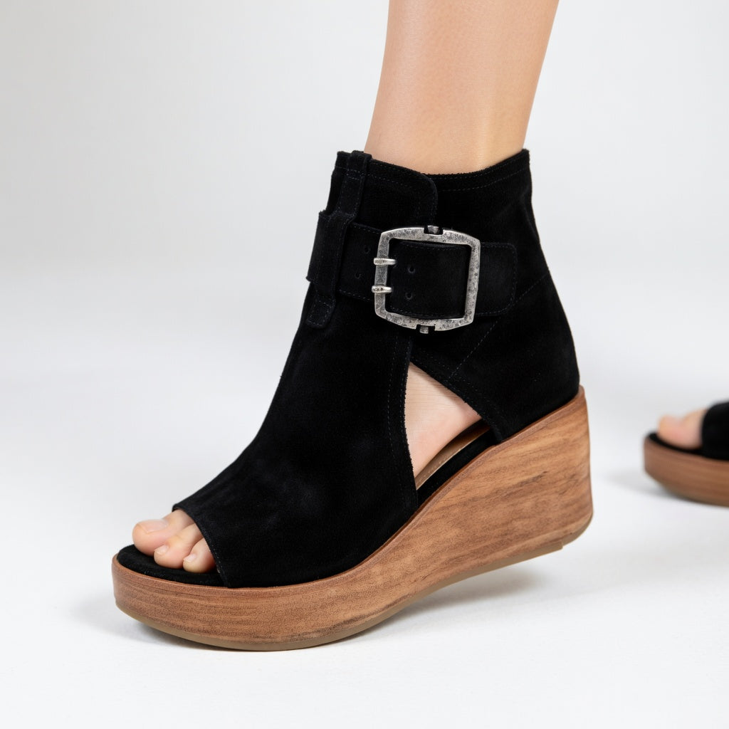 Kalyne - Sandales femme wedge suède bout ouvert boucle cheville
