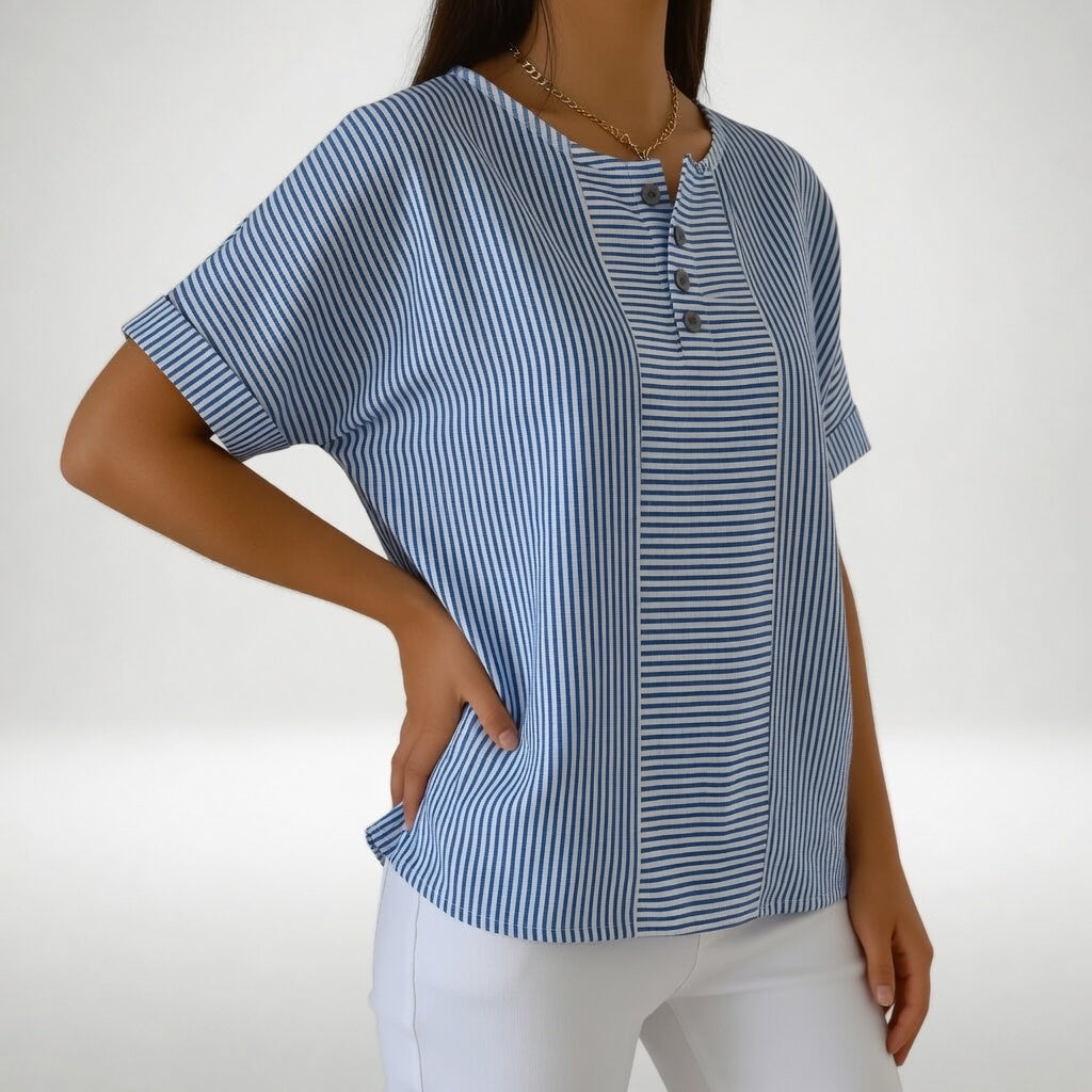 Dovinia - Blouse femme lin rayée manches courtes fluide été casual