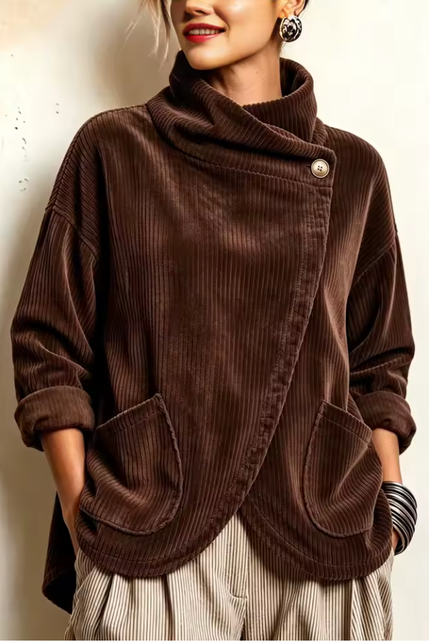 Ysée - Women's corduroy high-neck sweater with asymmetrical closure
