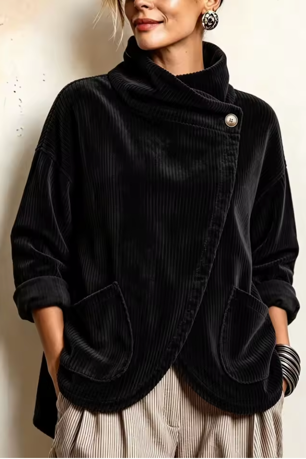 Ysée - Women's corduroy high-neck sweater with asymmetrical closure