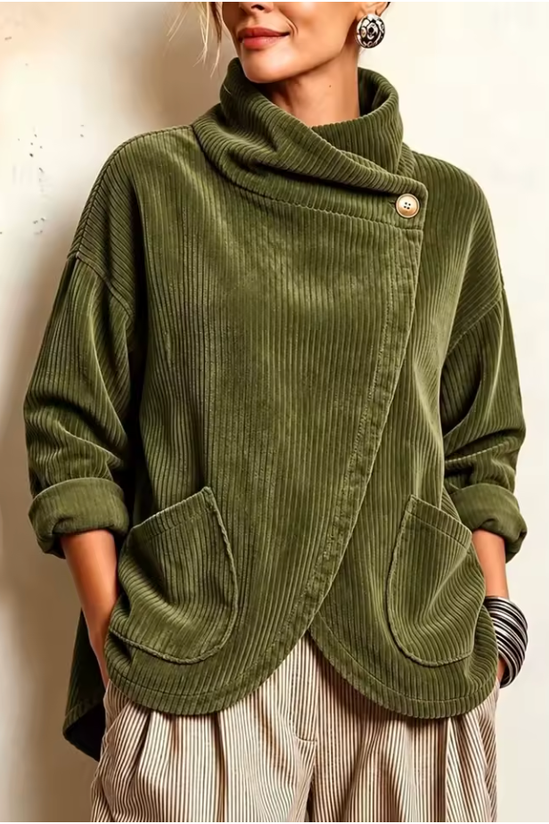 Ysée - Women's corduroy high-neck sweater with asymmetrical closure
