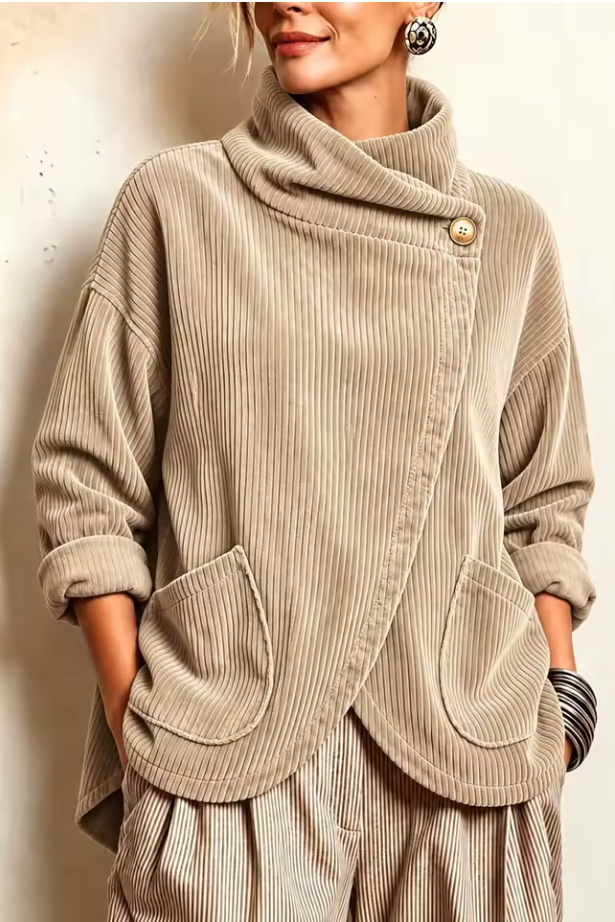 Ysée - Women's corduroy high-neck sweater with asymmetrical closure