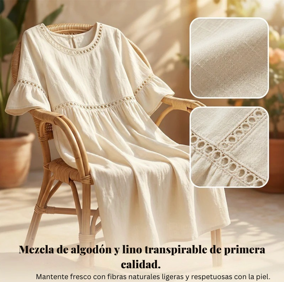 Pryline - Robe femme mi-longue lin col rond dentelle ajourée manches volants