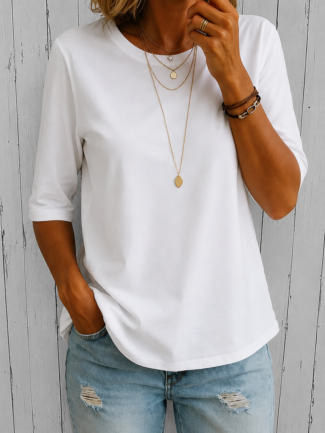 Bérangère - T-shirt femme à col rond avec manches trois-quarts