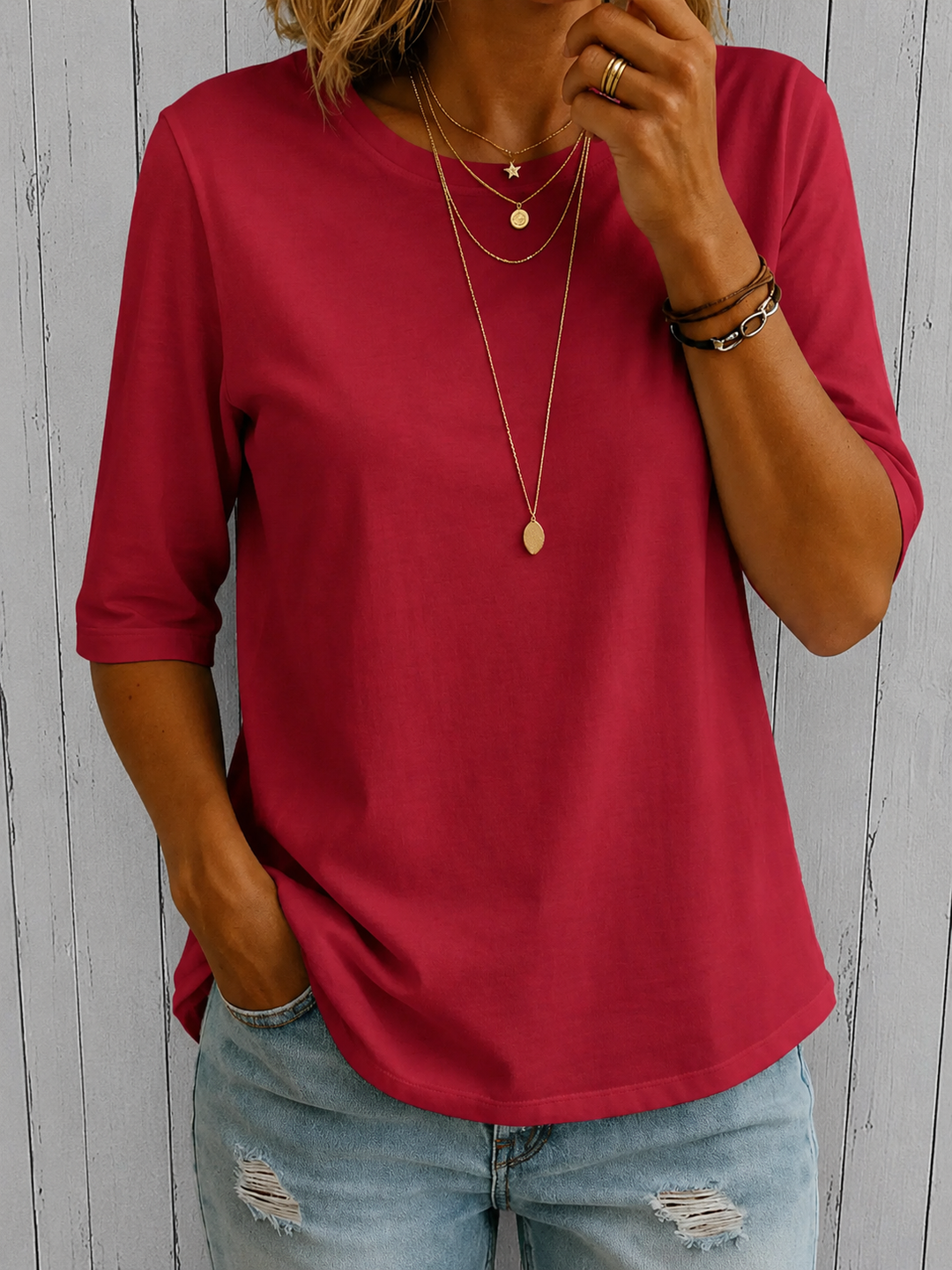 Bérangère - T-shirt femme à col rond avec manches trois-quarts