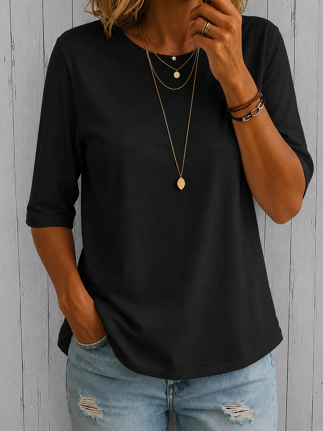 Bérangère - T-shirt femme à col rond avec manches trois-quarts