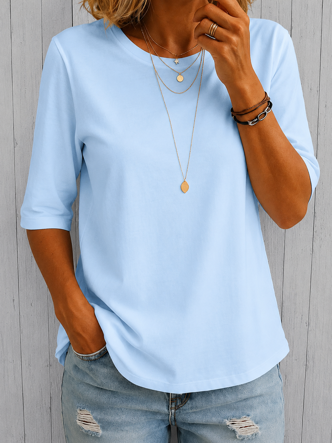 Bérangère - T-shirt femme à col rond avec manches trois-quarts