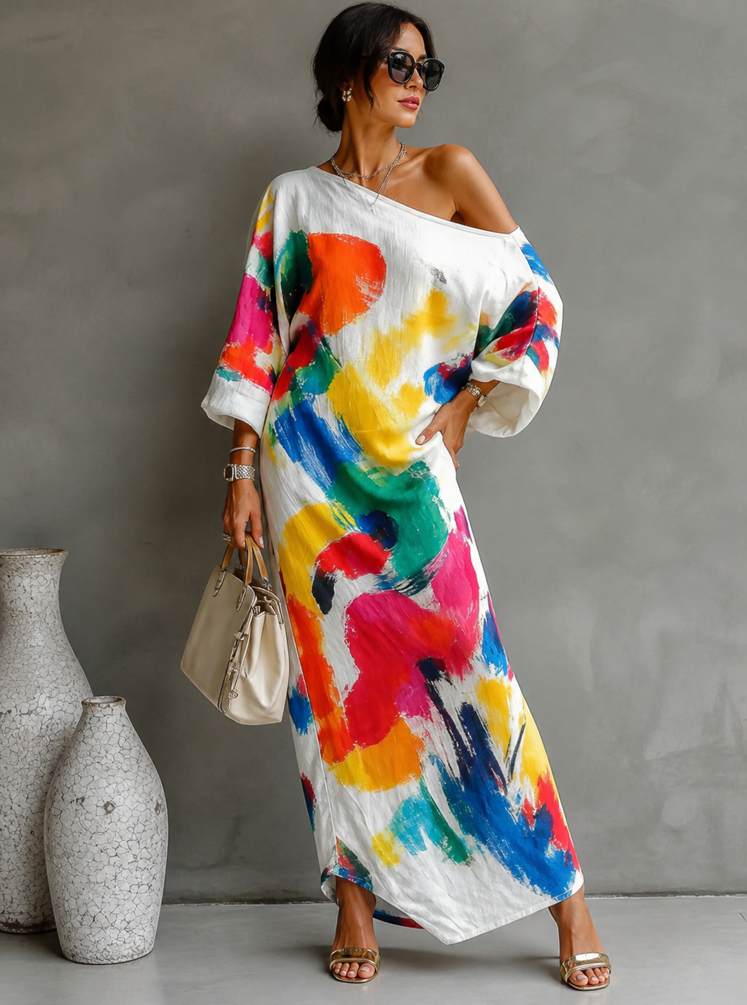 Tirevyn - Robe maxi femme asymétrique à une épaule imprimé artistique