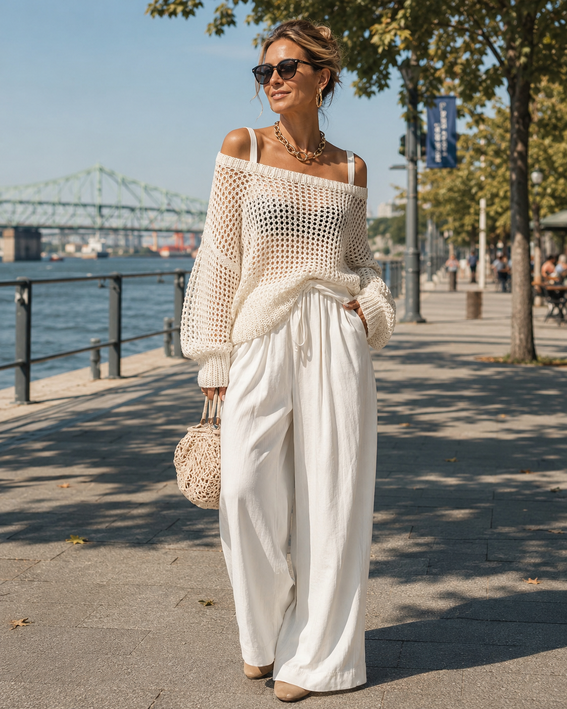 Cleora - Ensemble femme deux pièces avec pull ajouré et pantalon large